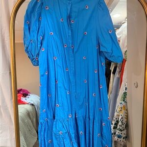 Blue Embroidered Puff-Sleeve Midi Dress